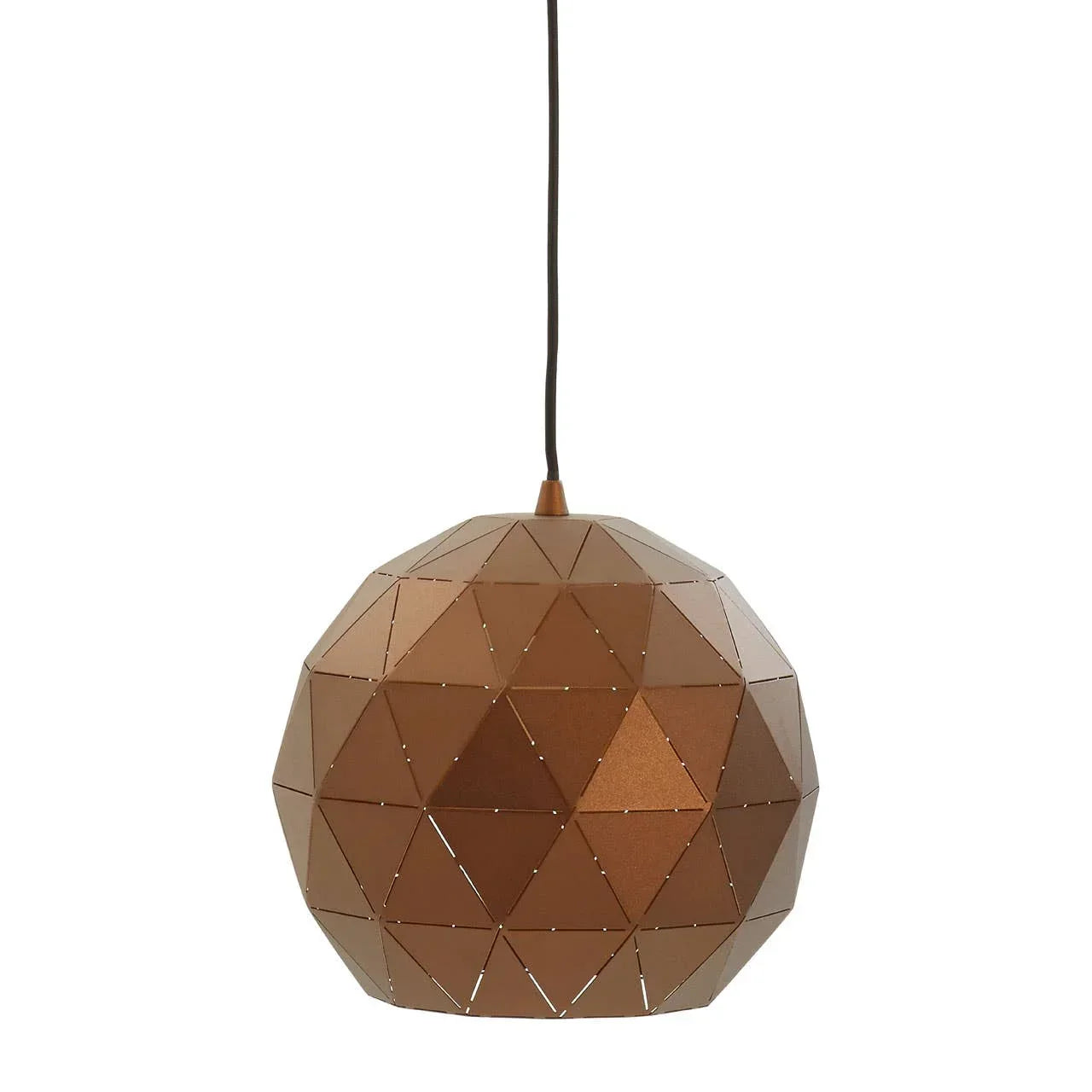 Geometric copper pendant light shade with faceted metal panels and black ceiling cable