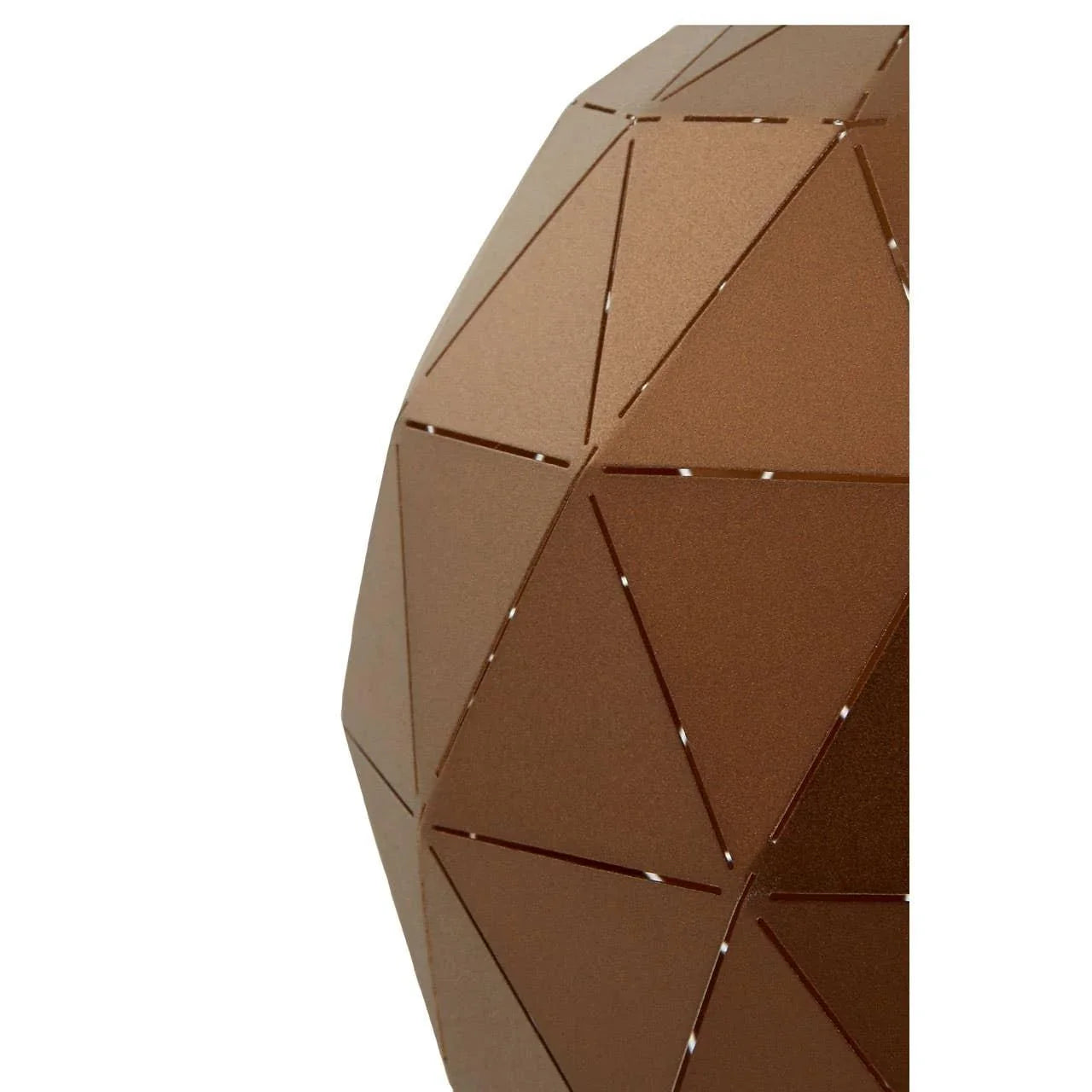 Geometric metal fire pit with bronze finish and triangular cutout pattern closeup