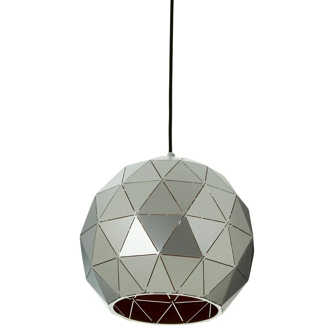Geometric silver pendant light shade with triangular panel design, shown suspended on black cord