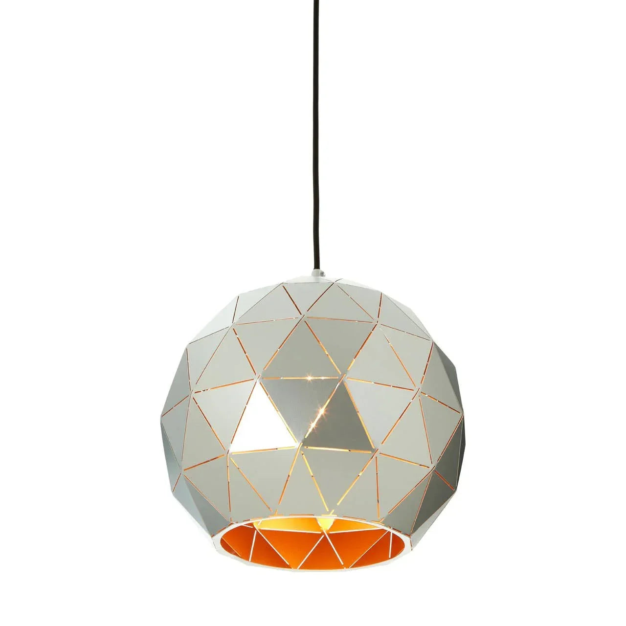 Geometric pendant light with metallic finish and open bottom, suspended on a black cord