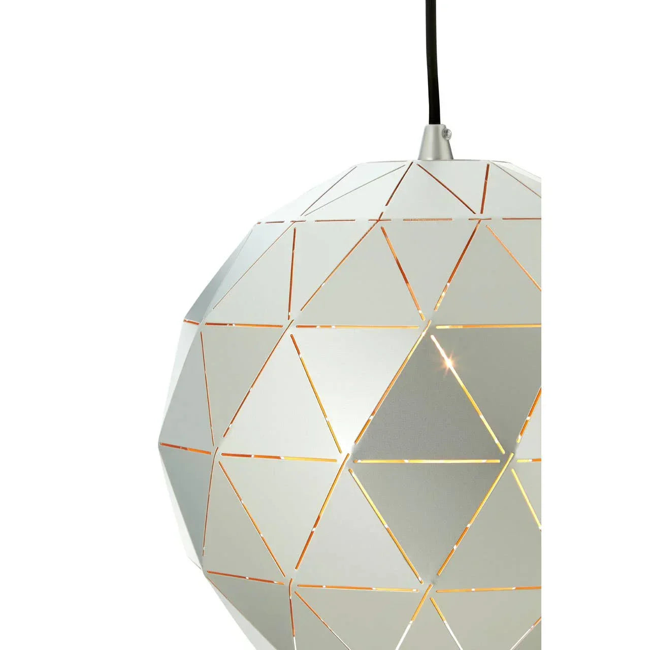 Silver geometric pendant light with cut-out triangle pattern and black ceiling cord