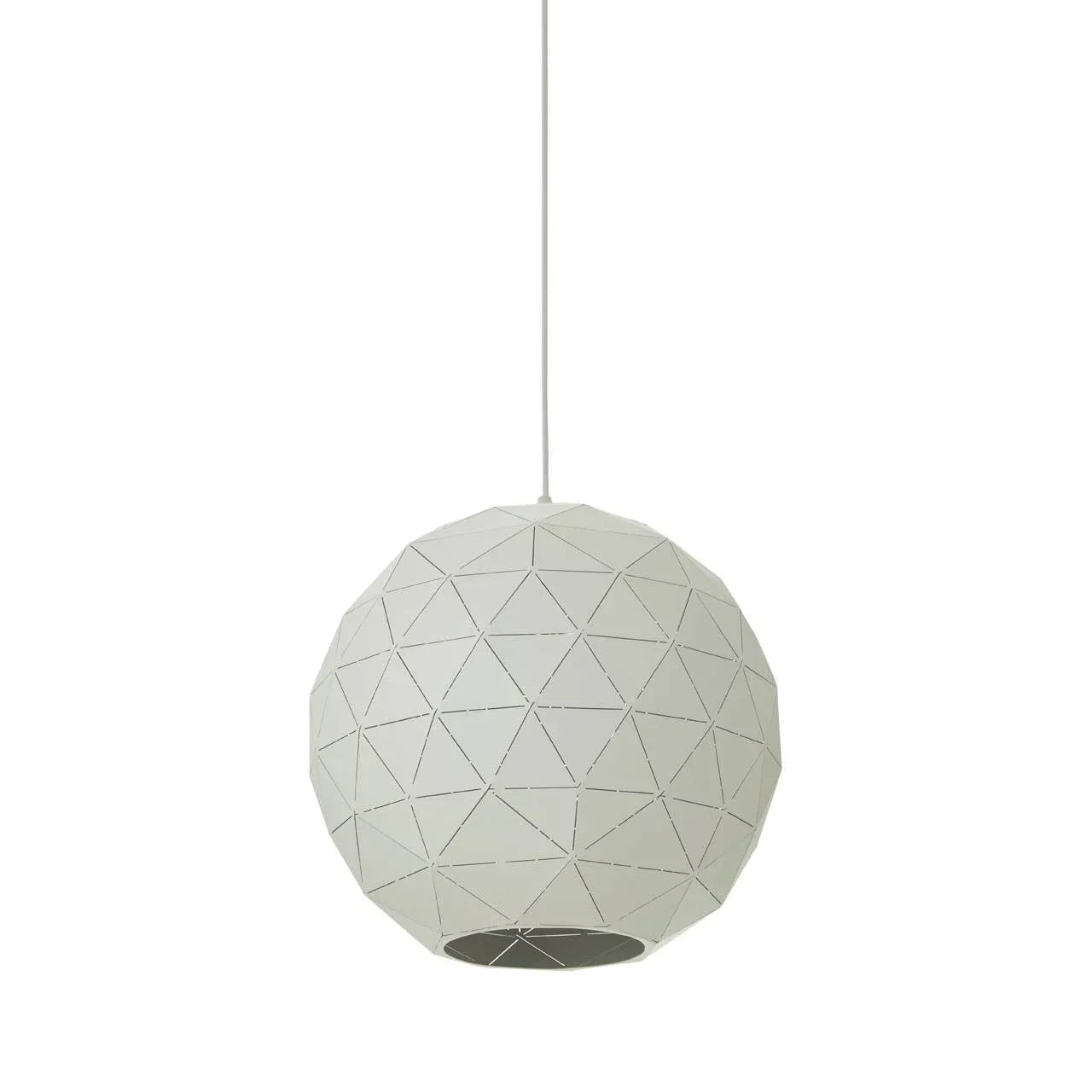 White geometric pendant light with spherical shade and triangular pattern design
