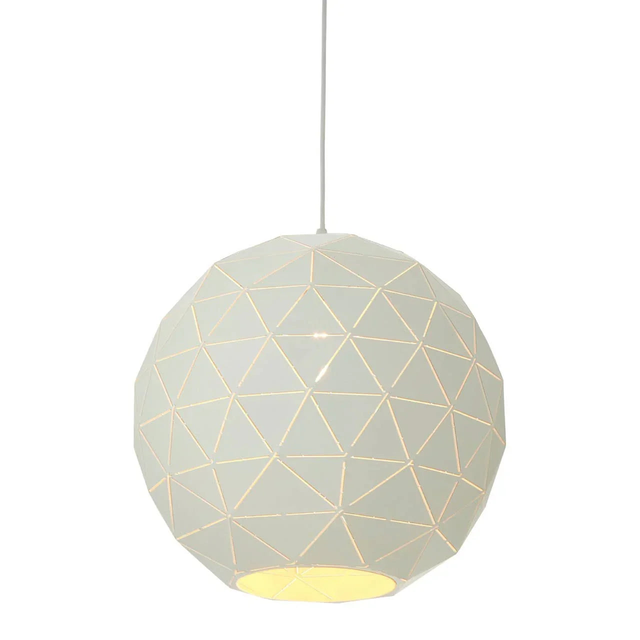 White geometric pendant light with cut-out pattern and warm interior glow