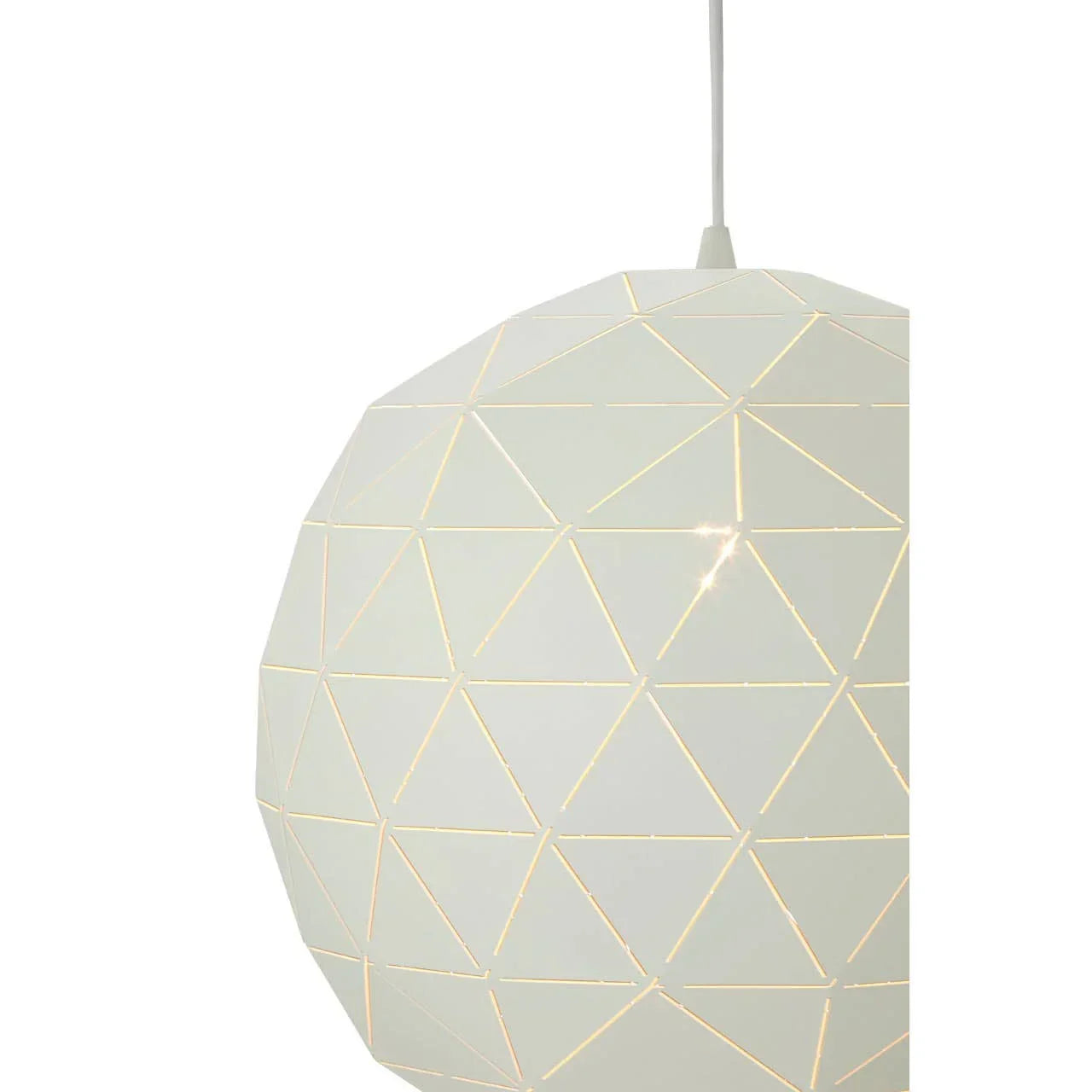 White geometric pendant lamp shade with cut-out triangle pattern and soft glow