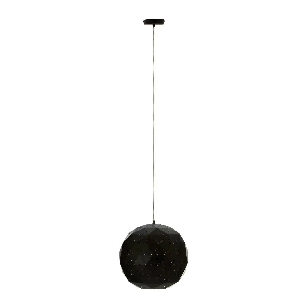 Black geometric pendant light with textured spherical shade and ceiling mount