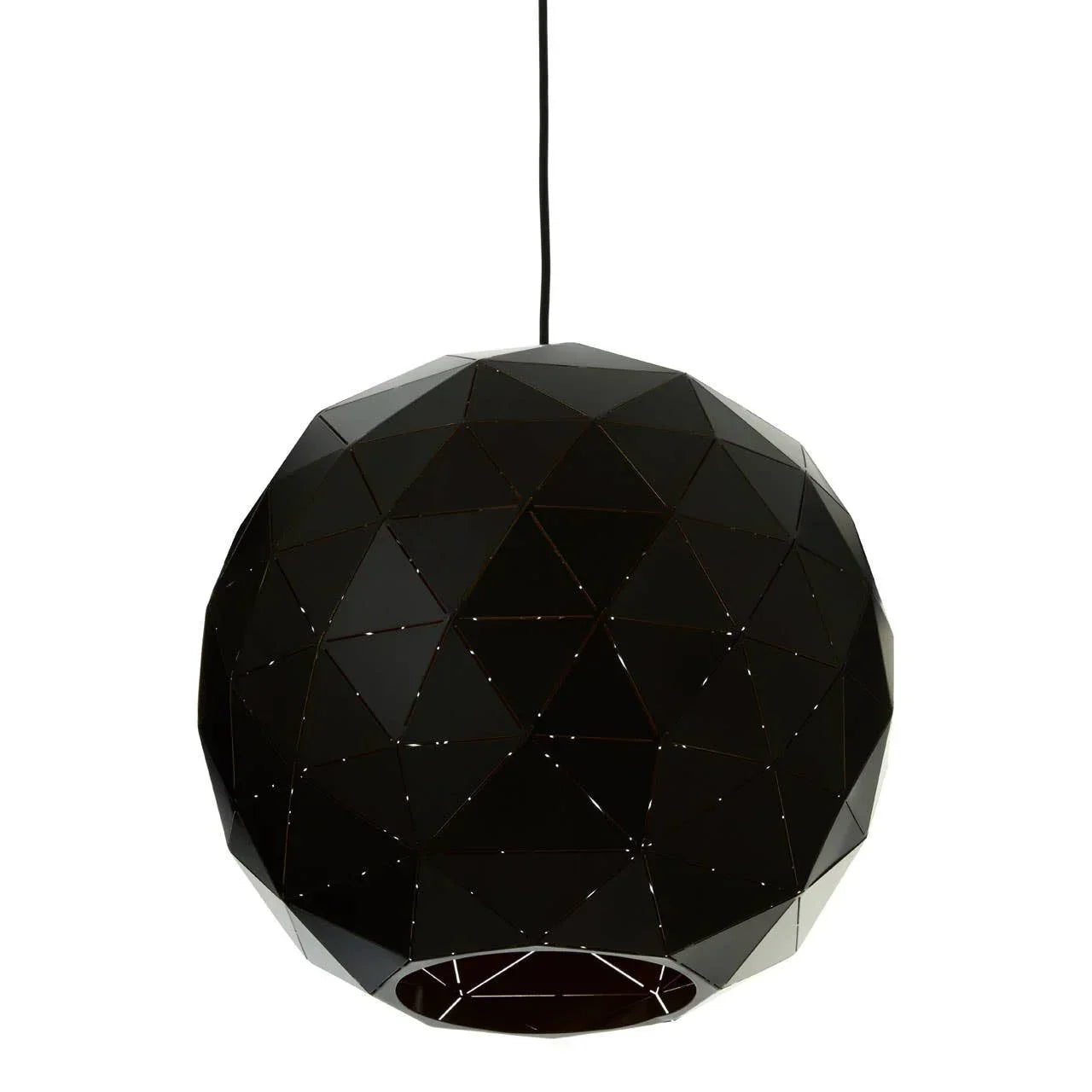 Black geometric pendant ceiling light with faceted polyhedral design and hanging cord