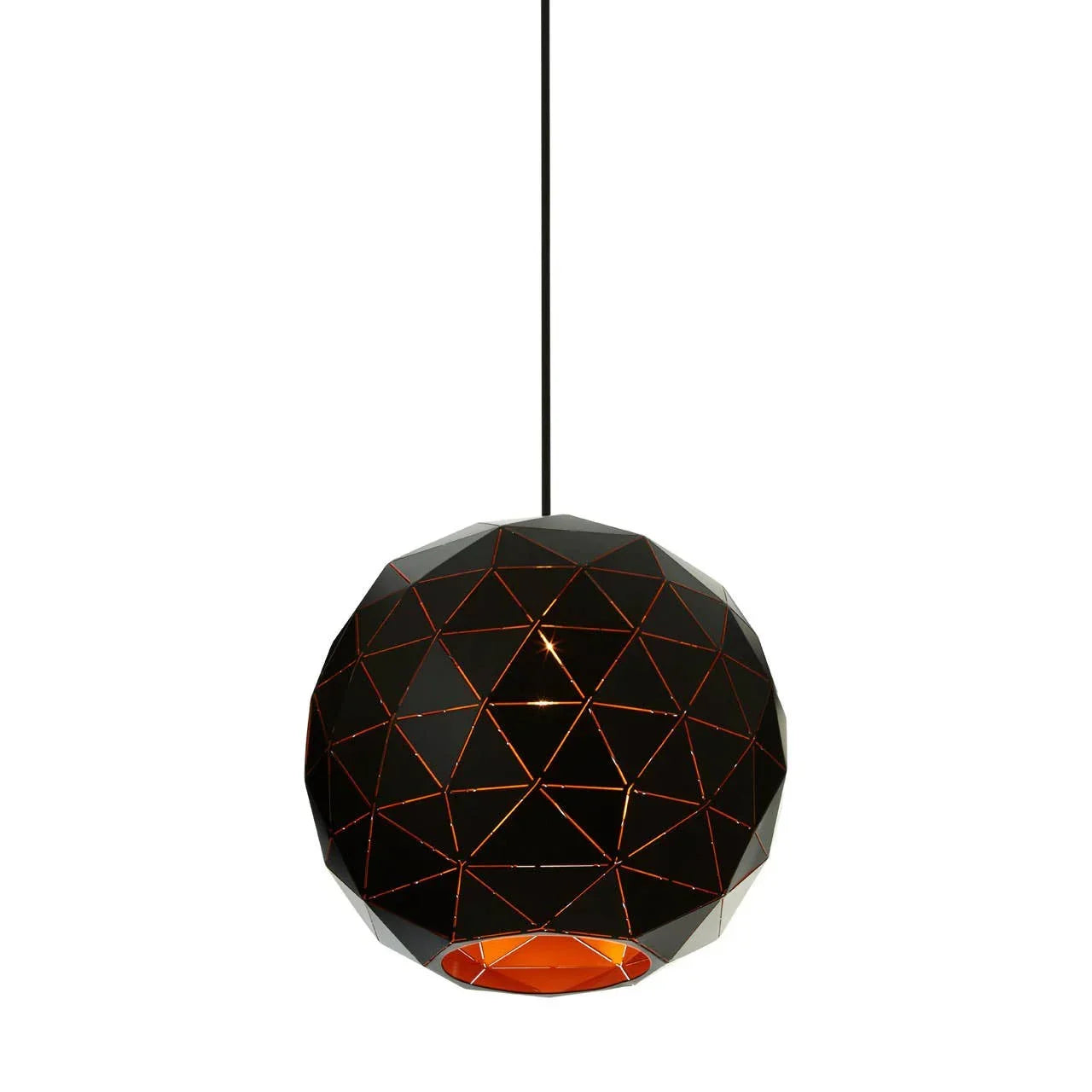 Black geometric pendant light with copper accents and spherical shade, hanging from ceiling