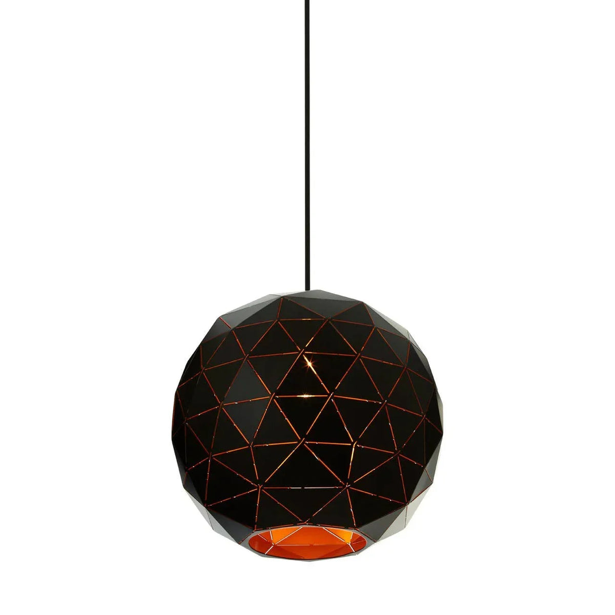 Black geometric pendant light with copper accents and spherical shade, hanging from ceiling