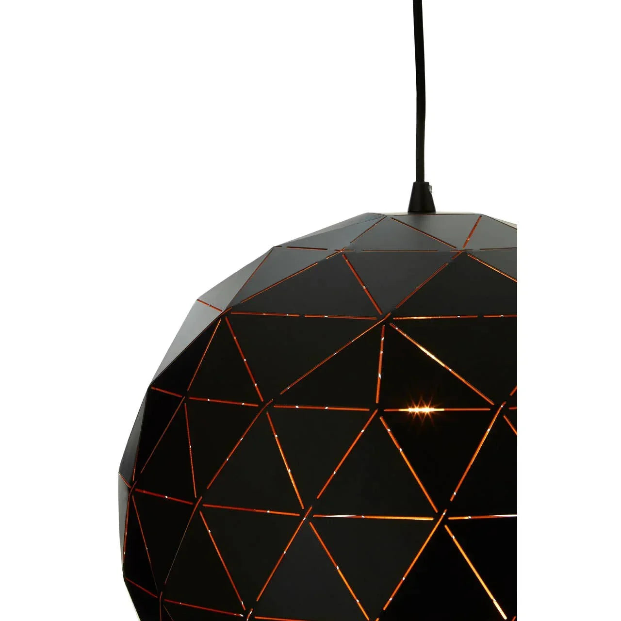 Black geometric pendant light with triangular cutout pattern and warm glow