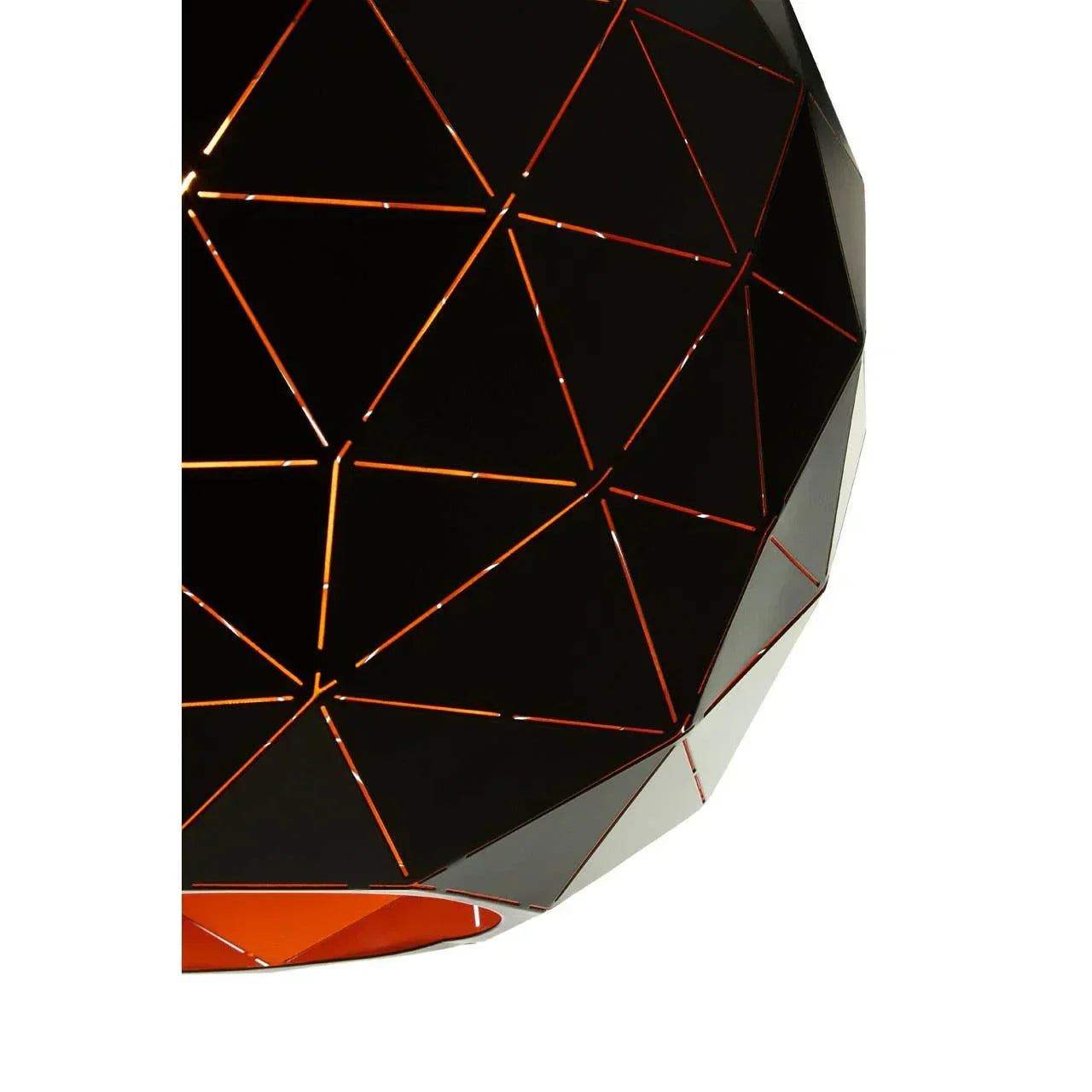 Black geometric pendant light shade with orange interior detail, close-up view