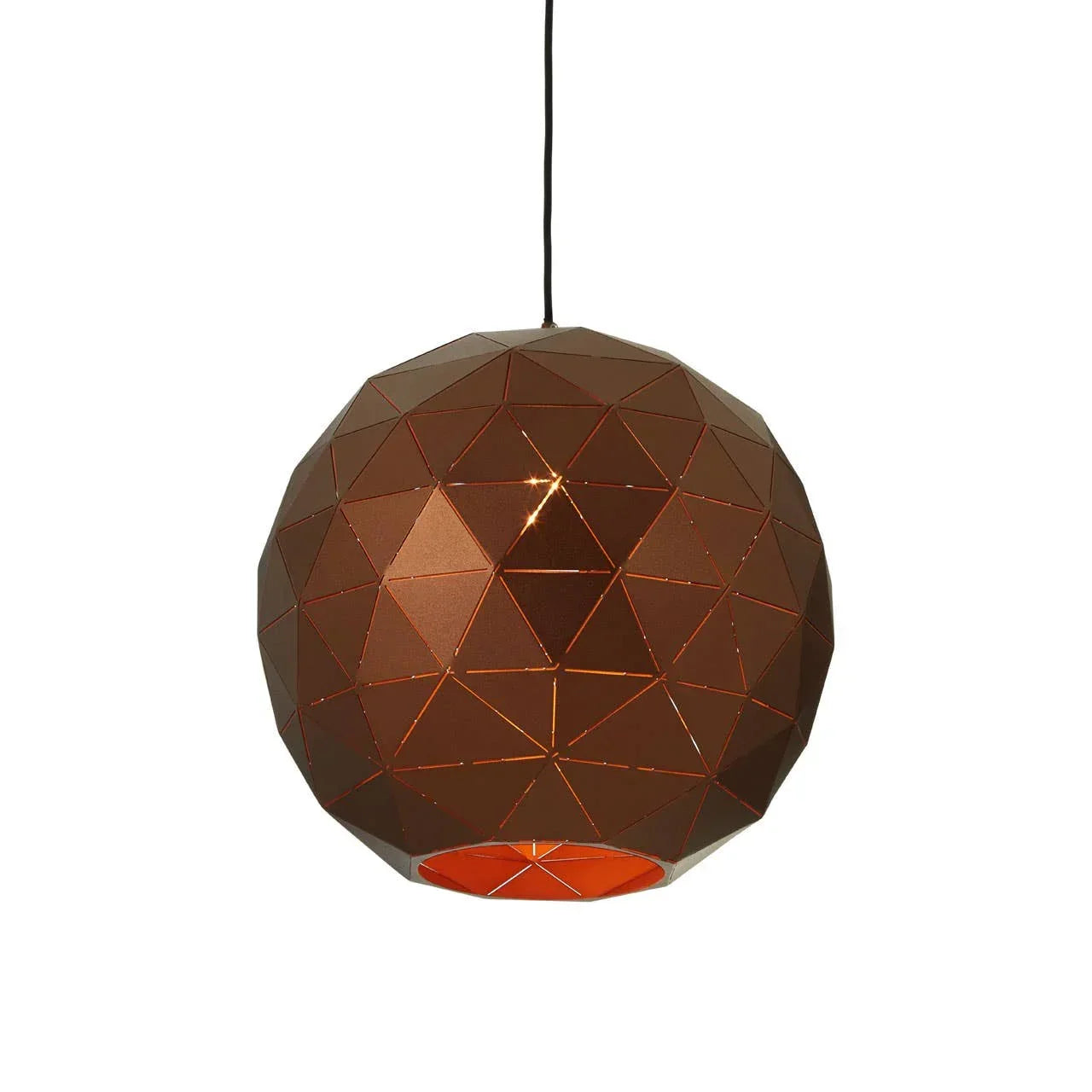 Geometric copper pendant light shade with polygonal pattern and black hanging cord