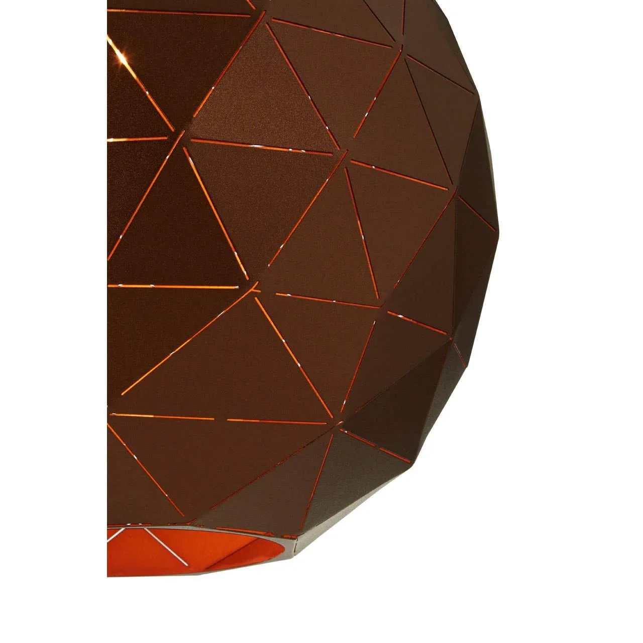 Copper geometric pendant light shade with triangular cutout pattern close view