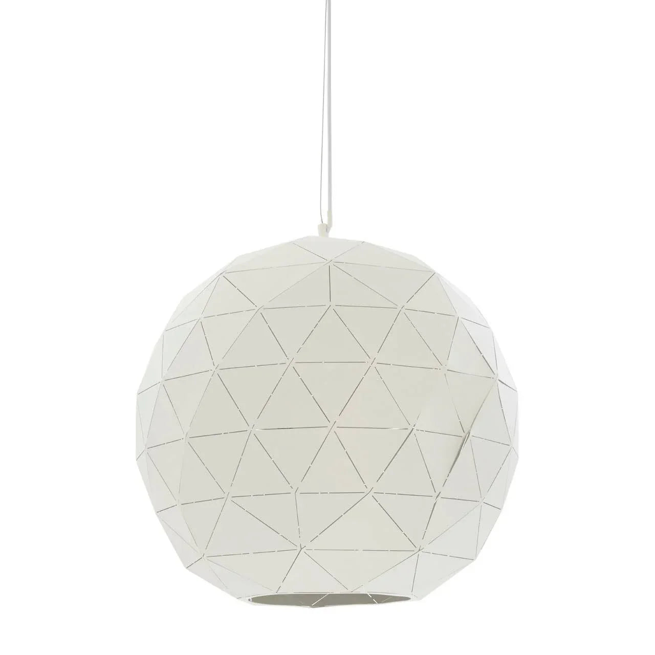 White geometric pendant light with triangular cutout pattern, suspended on a cable