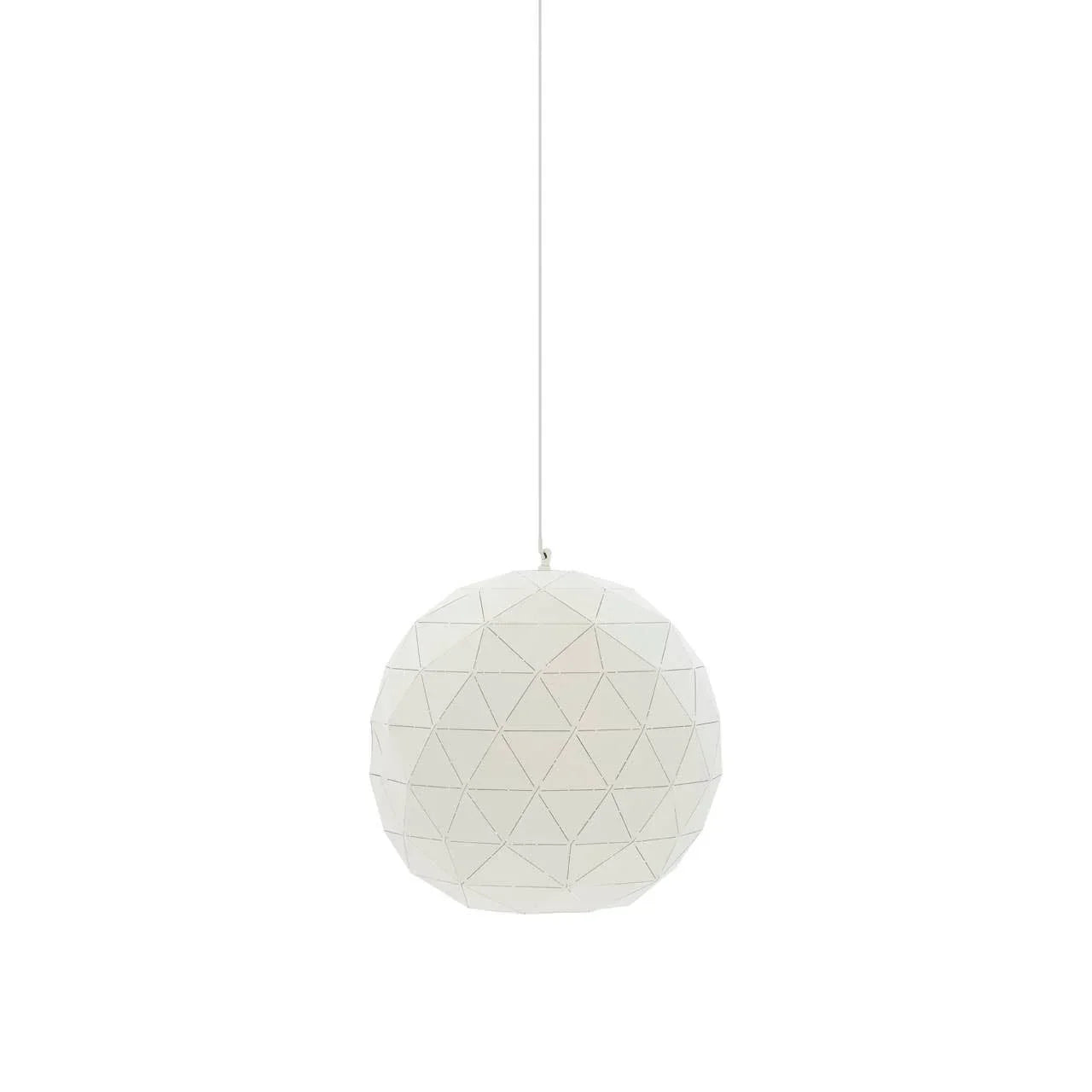 White spherical pendant light with geometric pattern, hanging from ceiling