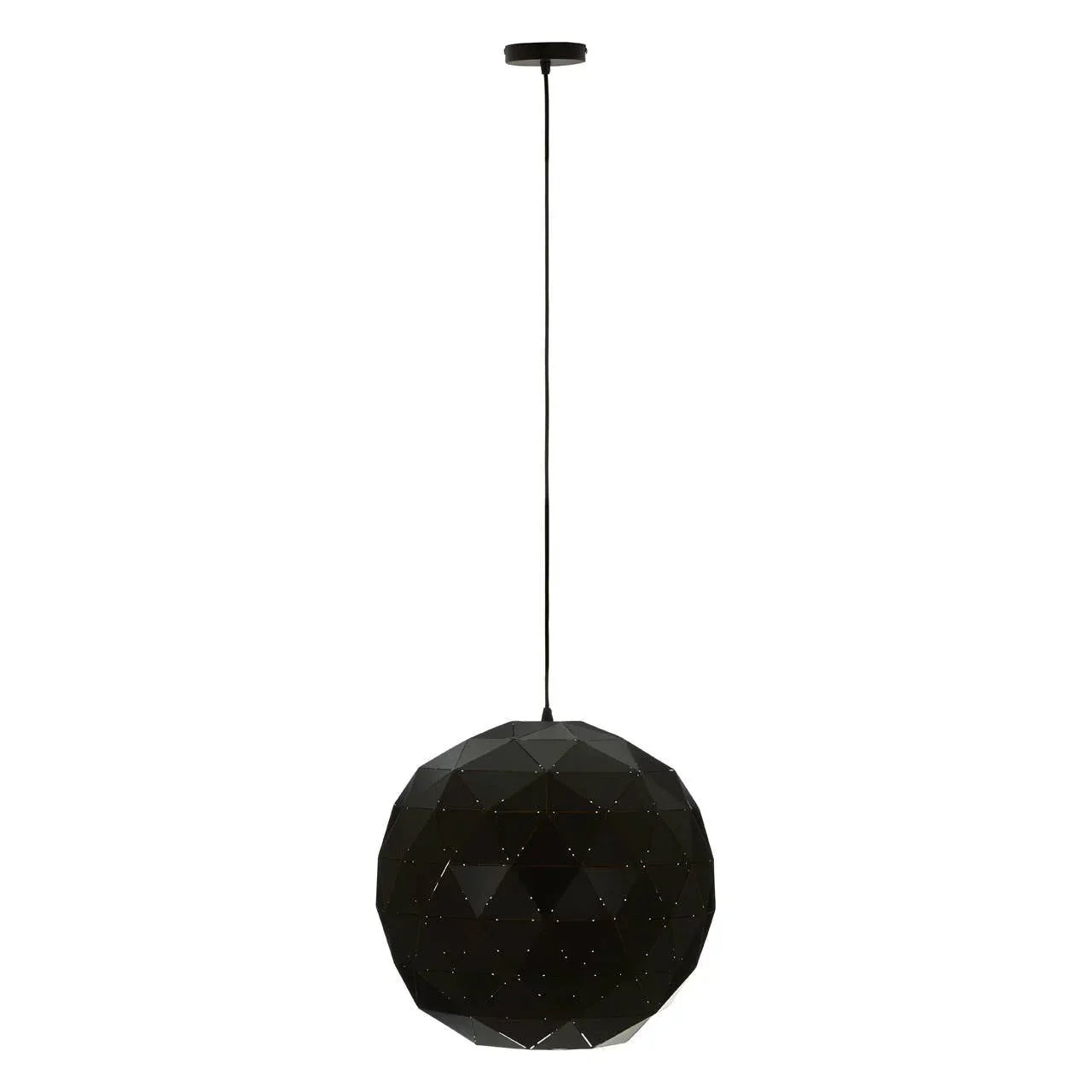 Black geometric pendant light with faceted sphere shade hanging from ceiling
