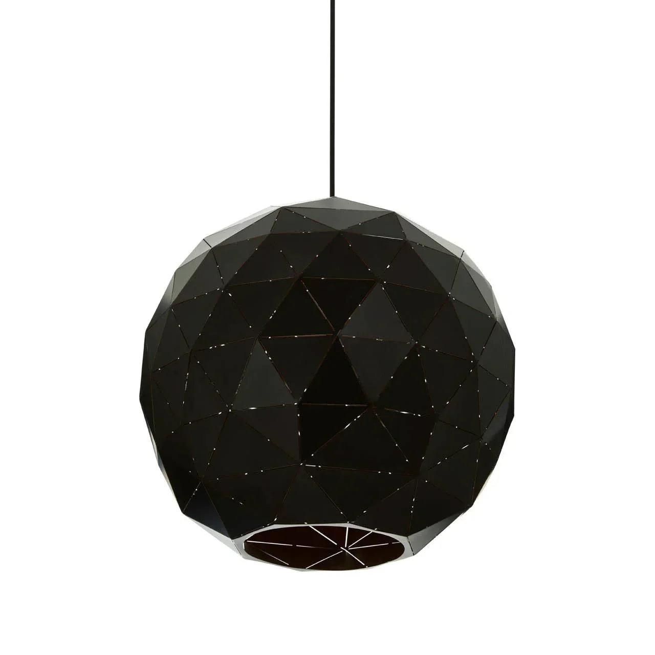 Black geometric pendant light with faceted dome design, suspended on black cord