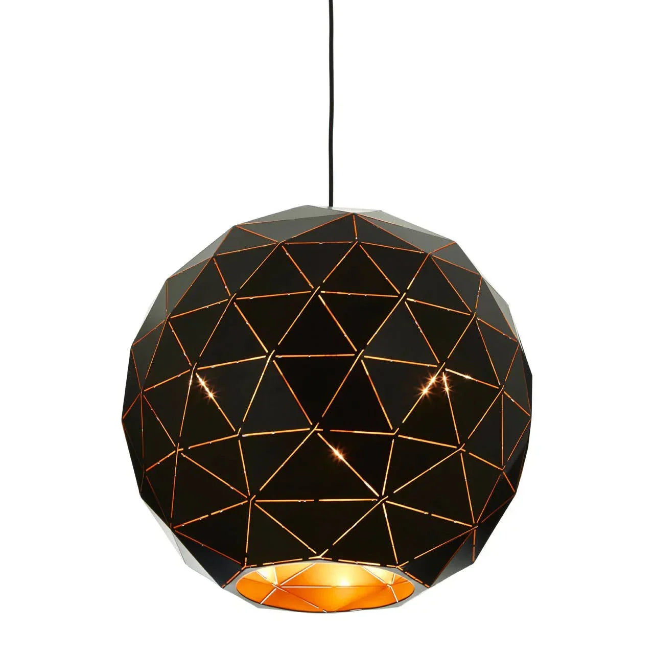 Black geometric pendant light with gold inner finish and triangular cutout pattern