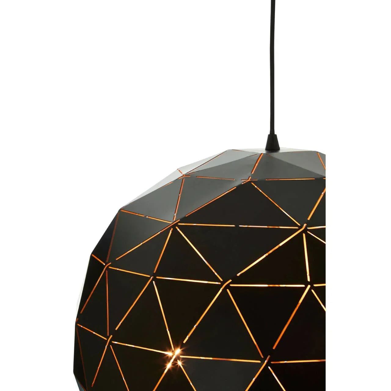 Black geometric pendant light with gold accents and cut-out pattern, close-up view