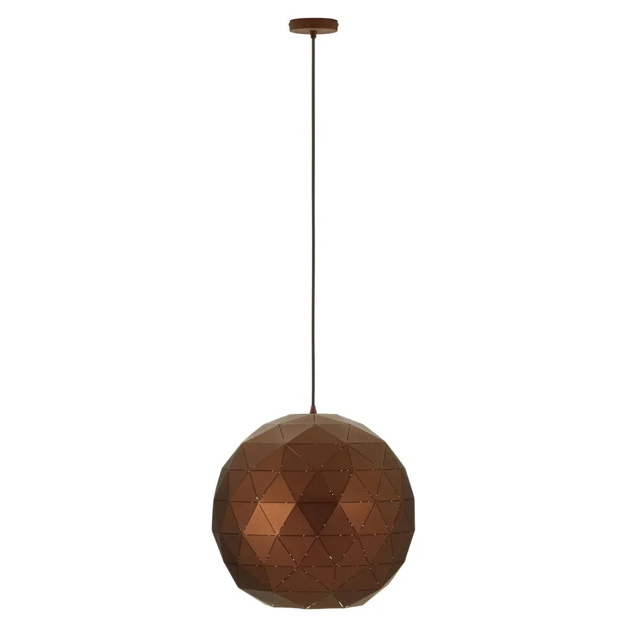 Geometric brown metal pendant light with spherical shade and ceiling mount