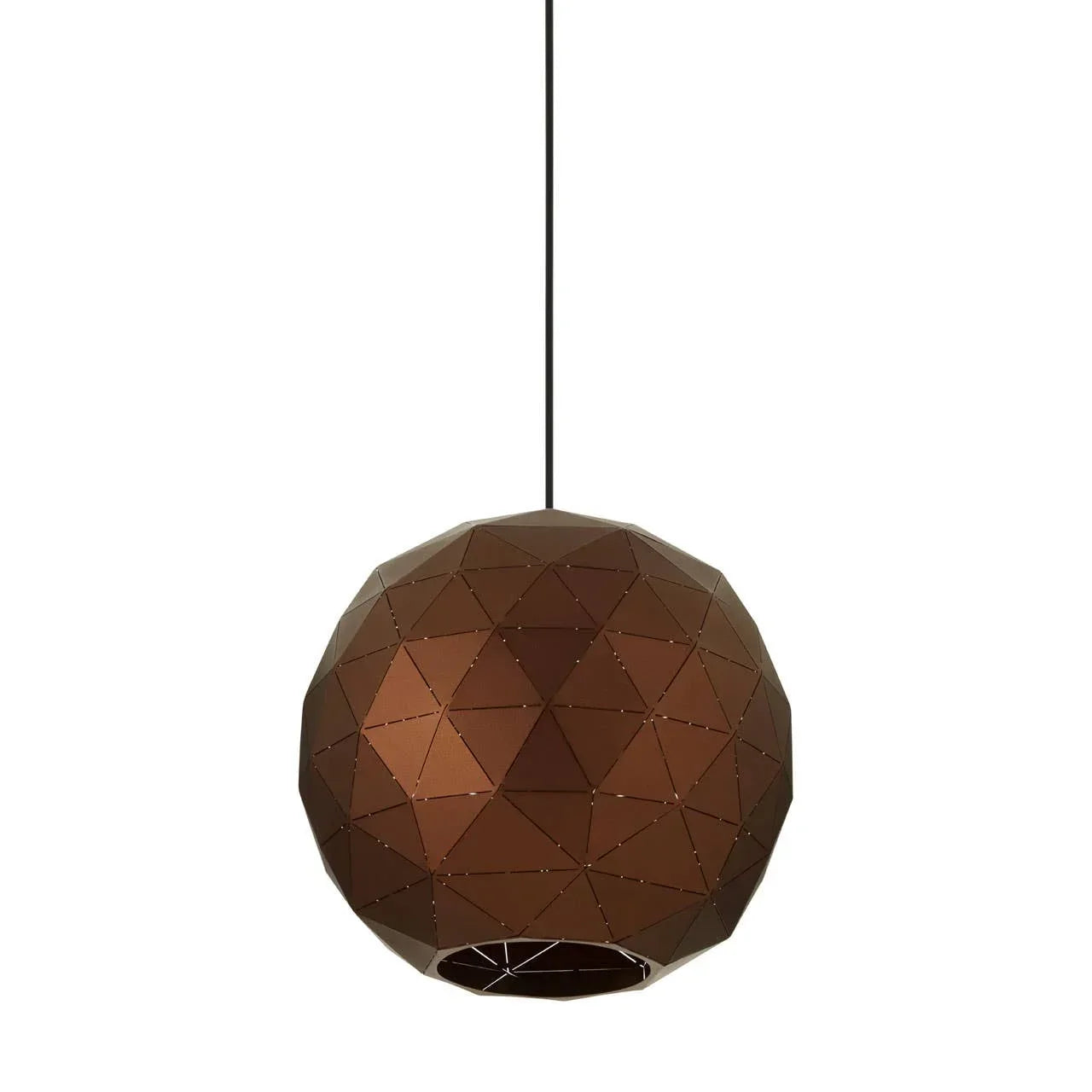 Brown geometric pendant light with faceted metal shade hanging from black cord