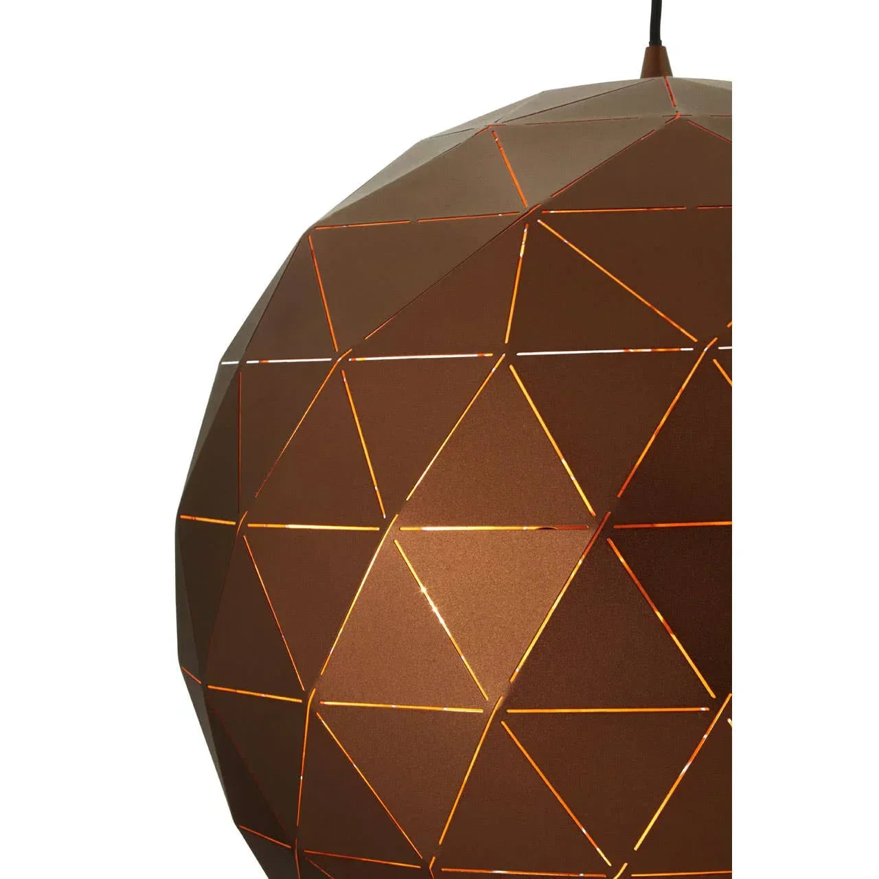 Copper geometric pendant light with cutout triangular pattern, close-up view