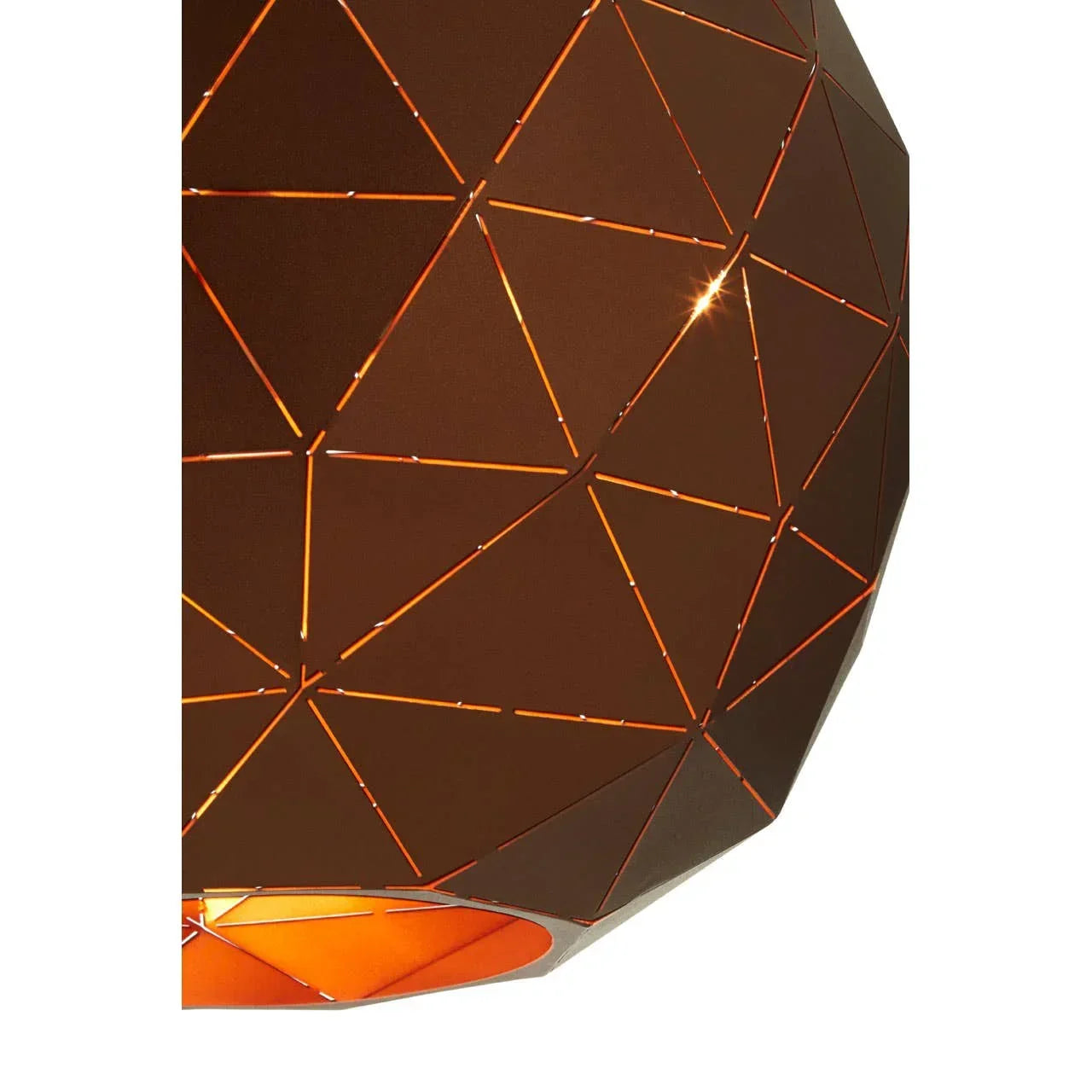 Brown geometric pendant light shade with triangular cut-out pattern and orange interior