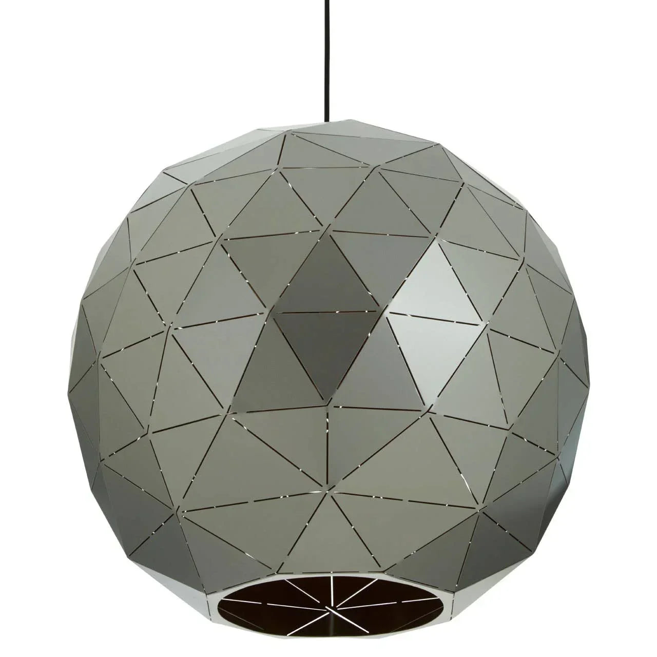 Geometric metal pendant light shade with triangular cutouts, suspended from black cord