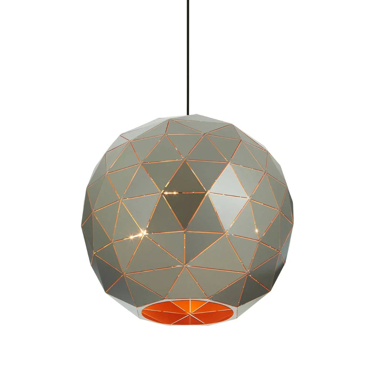 Geometric metal pendant light with gold tone and orange interior, suspended by black cord