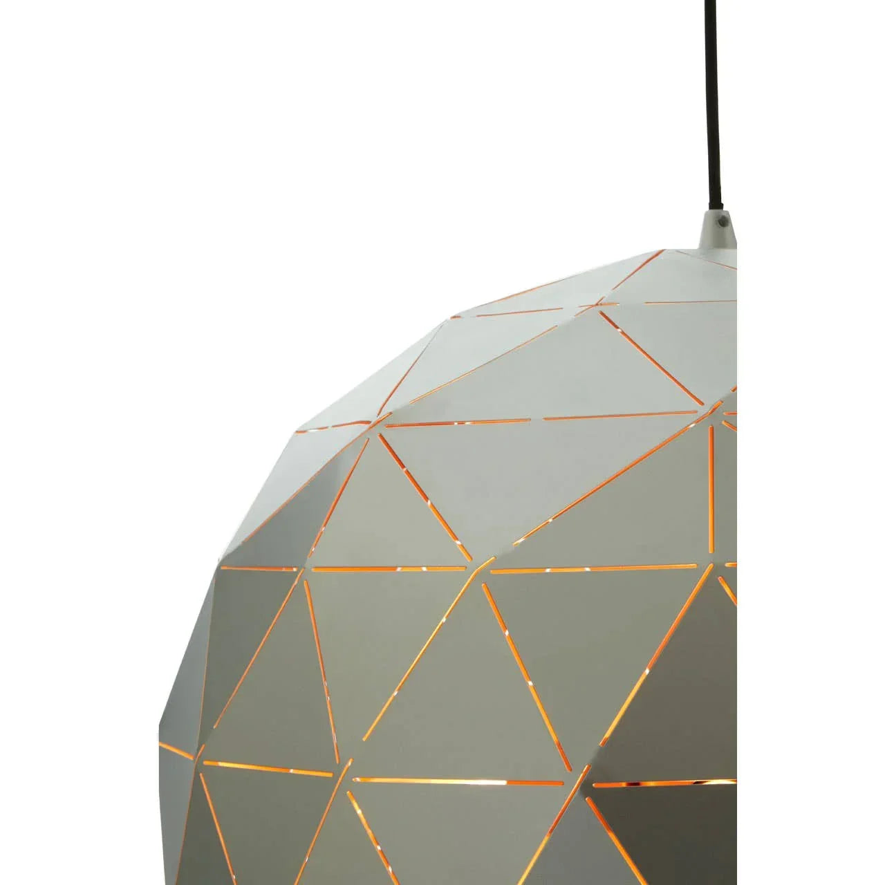 Geometric pendant light with cut-out triangles and metallic finish, partial side view