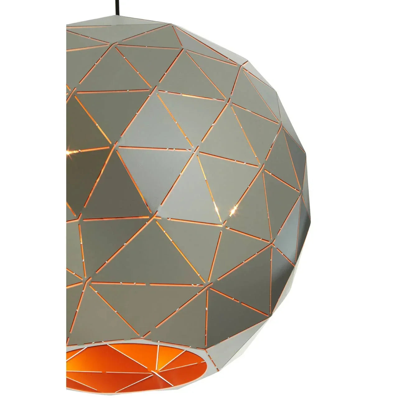 Geometric pendant light with grey metal panels and warm orange interior detail