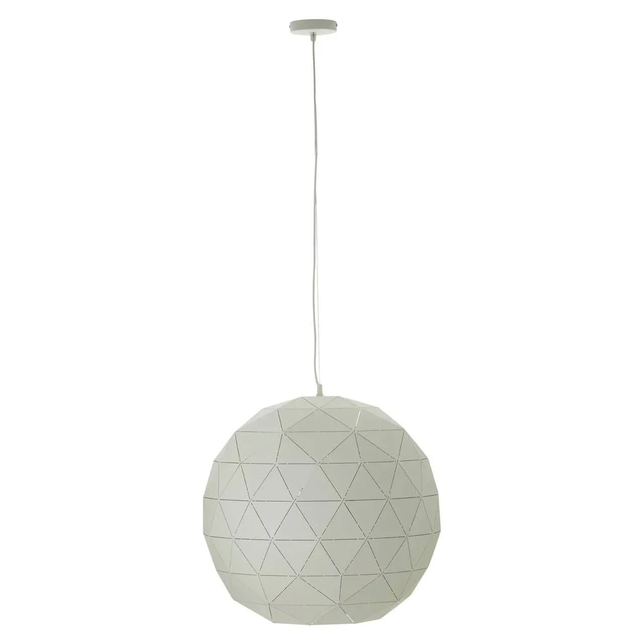 White geometric pendant light with spherical metal shade and ceiling cable