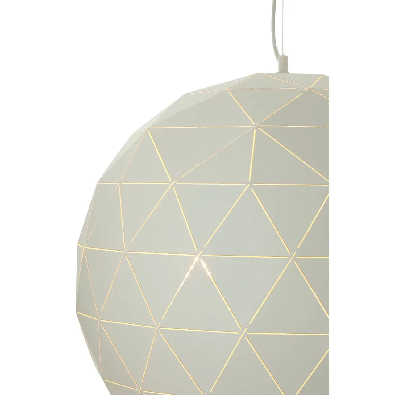 White geometric pendant light shade with triangular cutout pattern and subtle glow