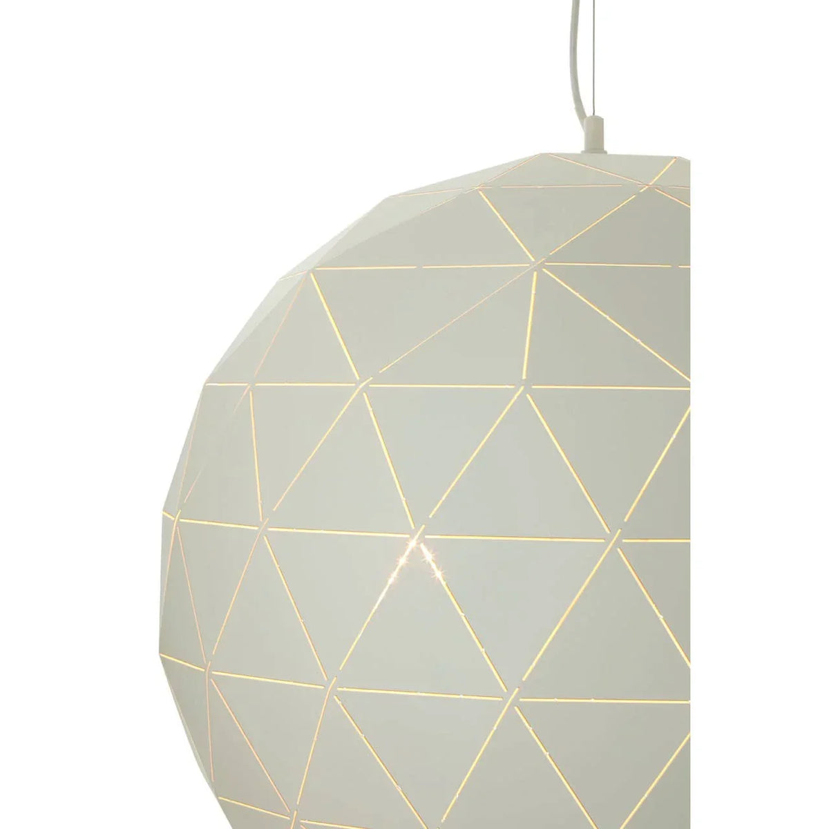 White geometric pendant light shade with triangular cutout pattern and subtle glow