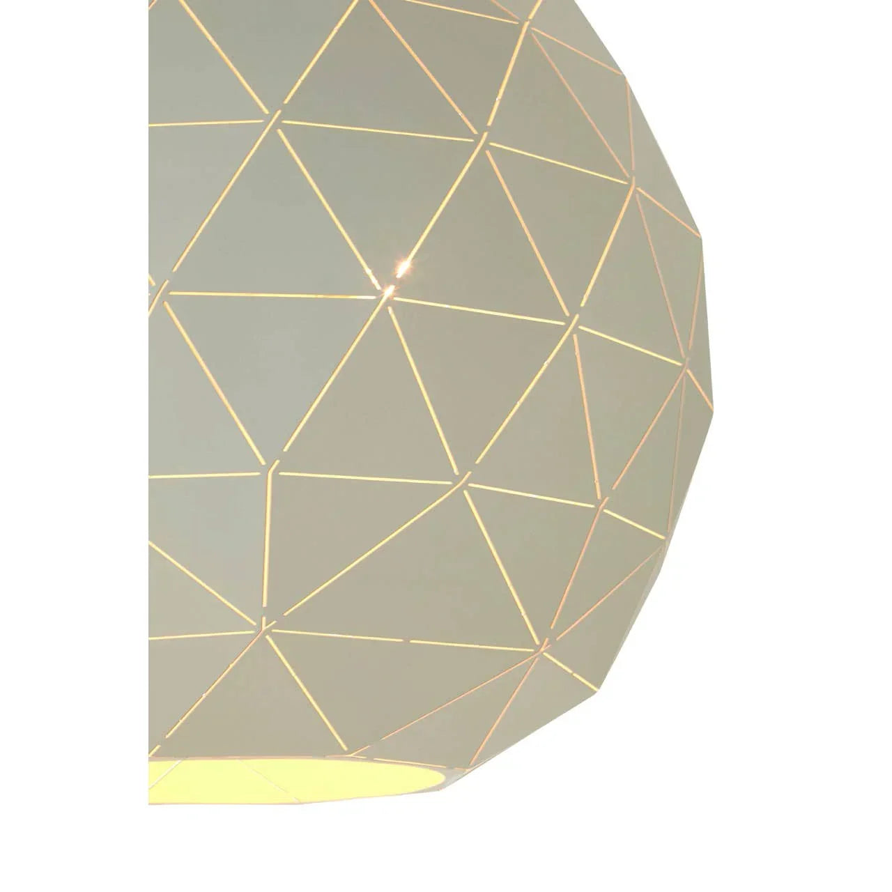 Geometric pendant light shade with white finish and triangular cut-out pattern, close-up view