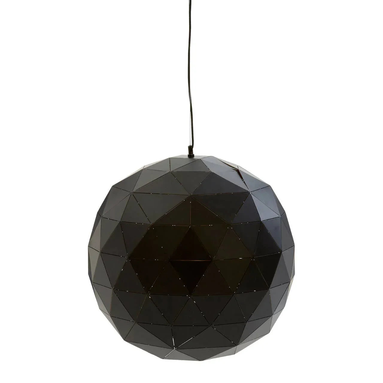 Black geometric pendant light with faceted metal shade hanging from black cord