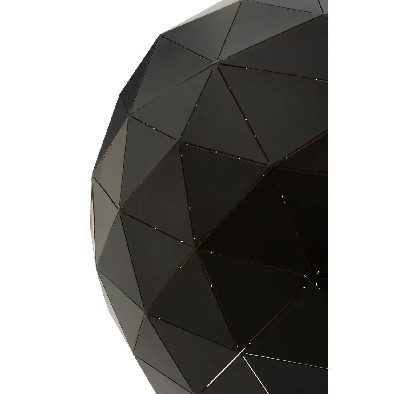 Black geometric metal table with triangular panel detail, close-up of surface texture