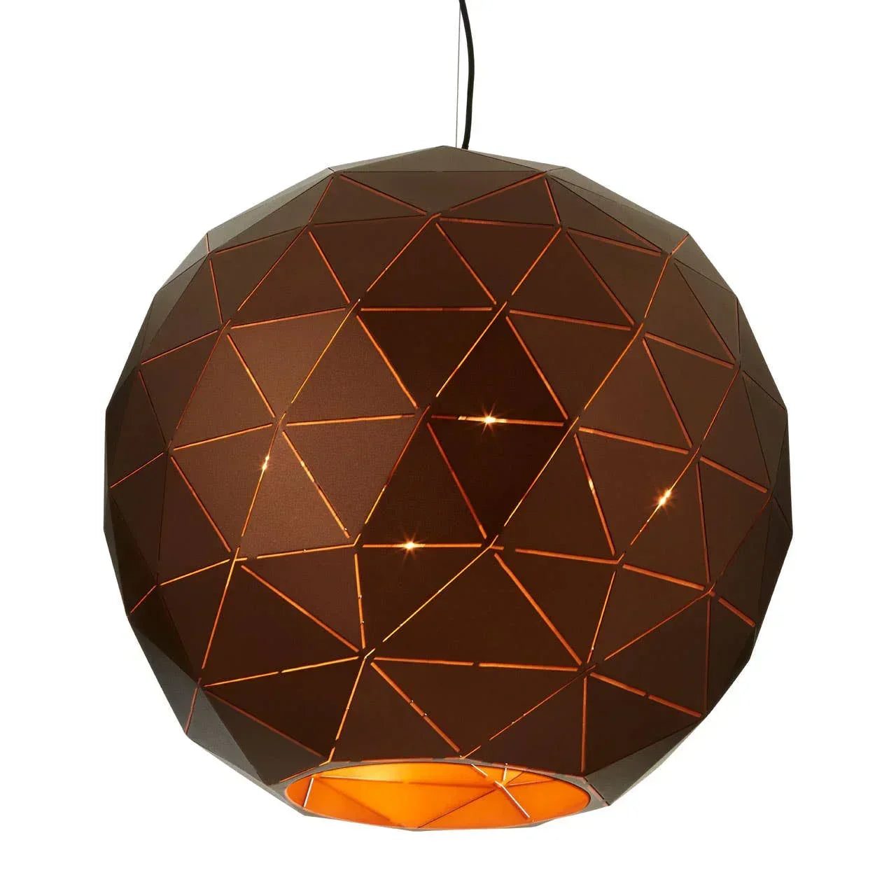 Geometric pendant light with bronze finish and cutout pattern, hanging from ceiling