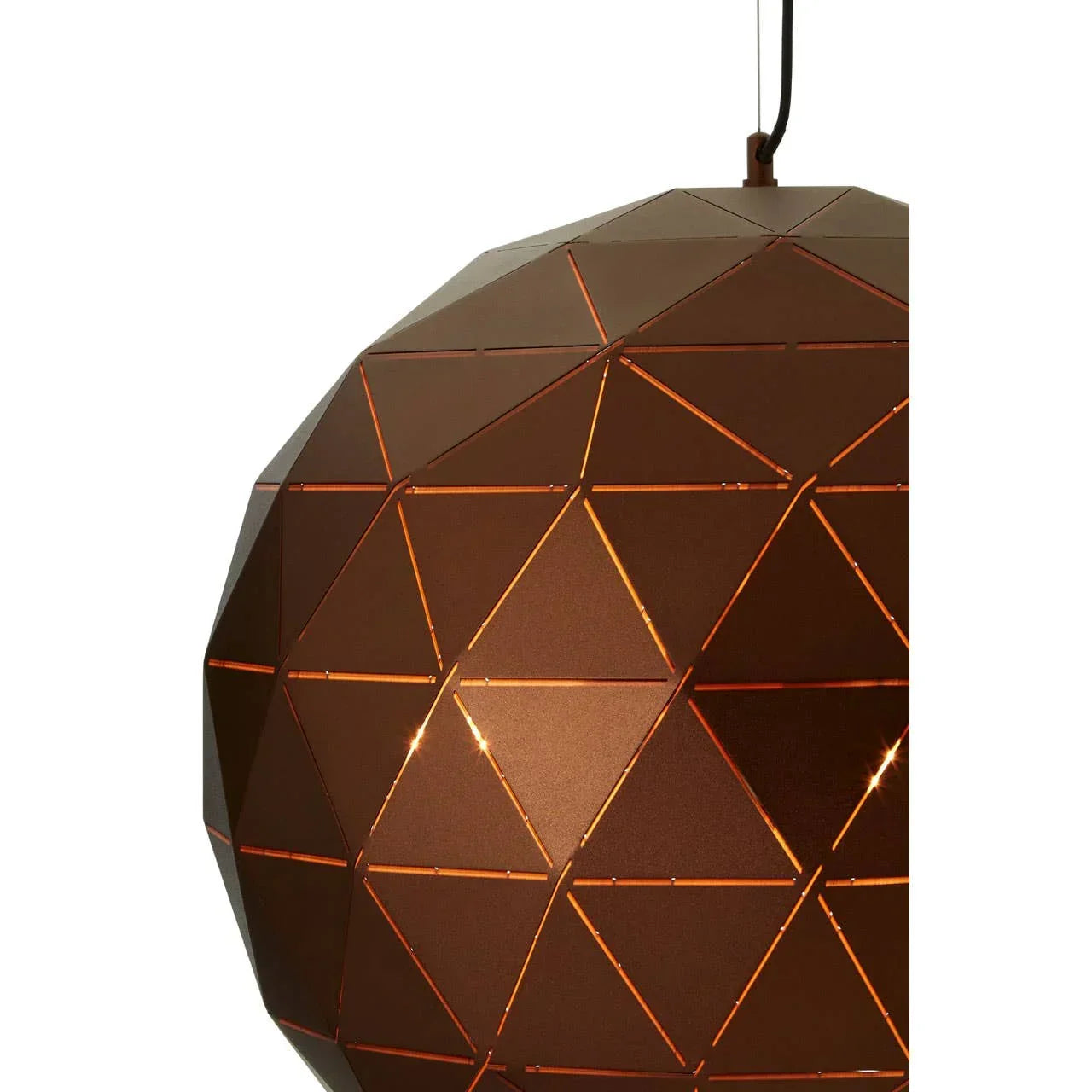 Copper geometric pendant light with perforated metal design detail