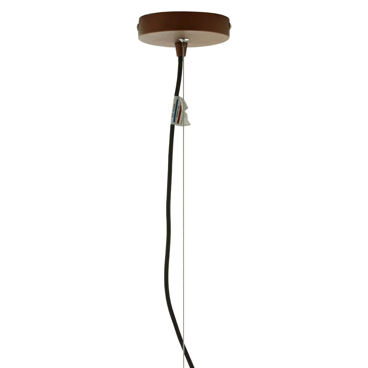 Brown ceiling rose with black cable and suspension wire for pendant light fitting