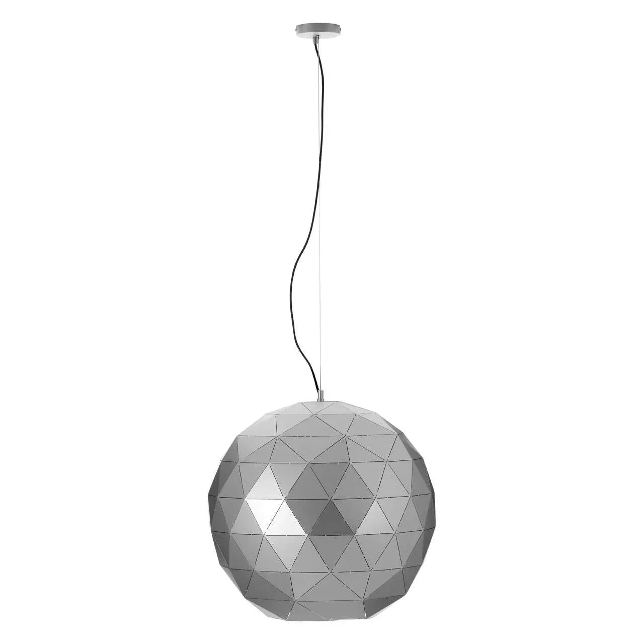 Geometric silver pendant light with faceted sphere shade and ceiling cable