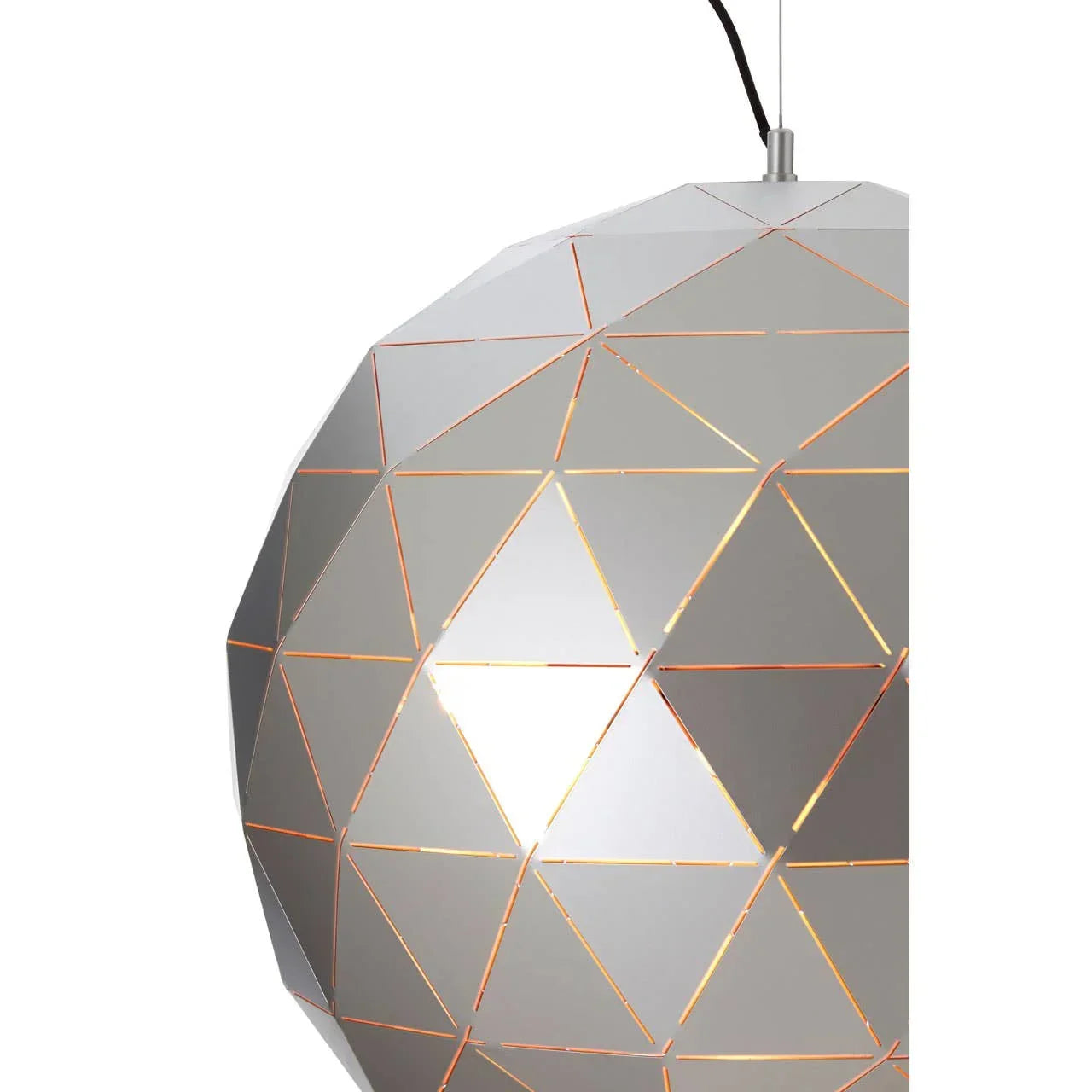 Geometric metal pendant light with triangular cut-out pattern, silver finish, close-up view