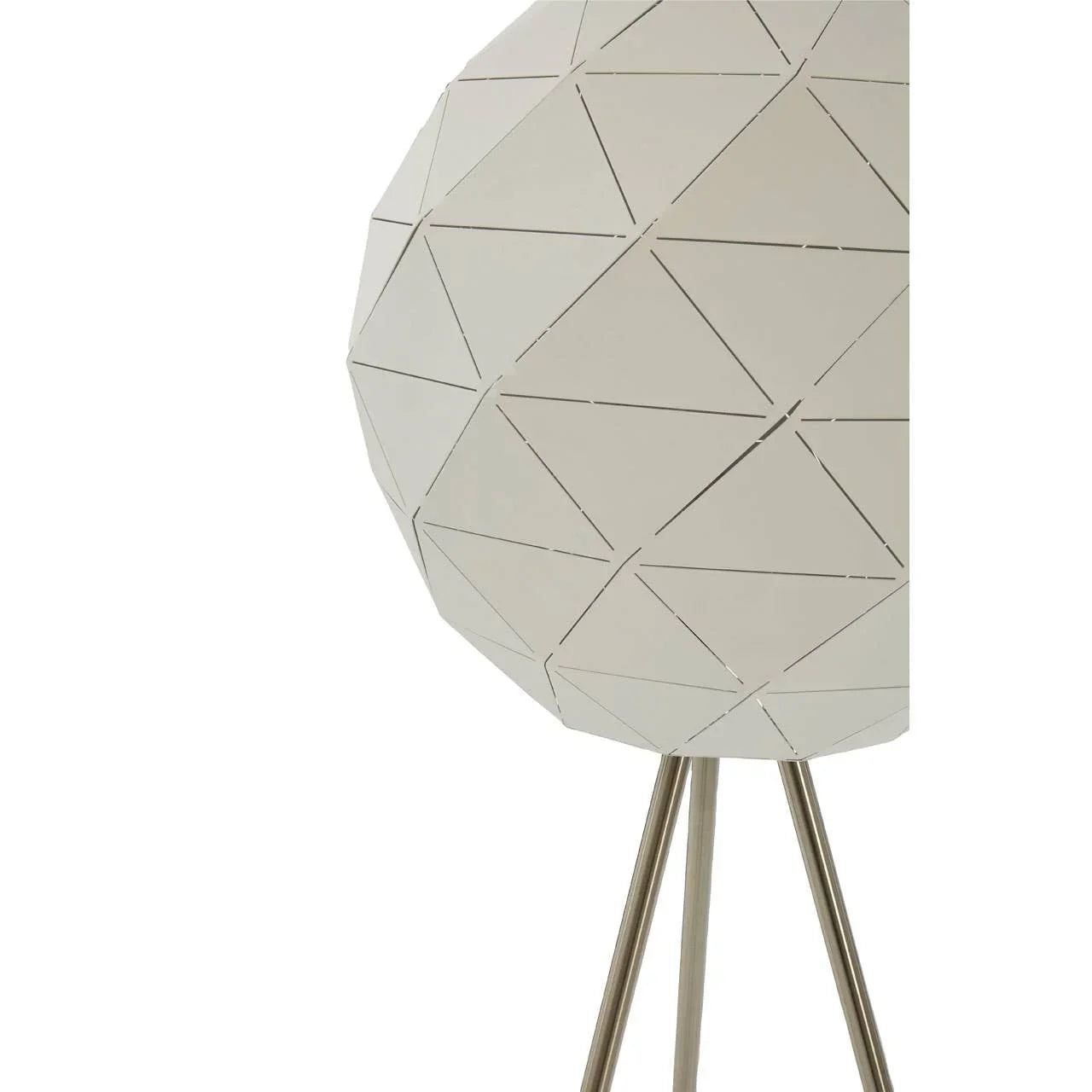 Modern floor lamp with geometric white shade and metal tripod legs