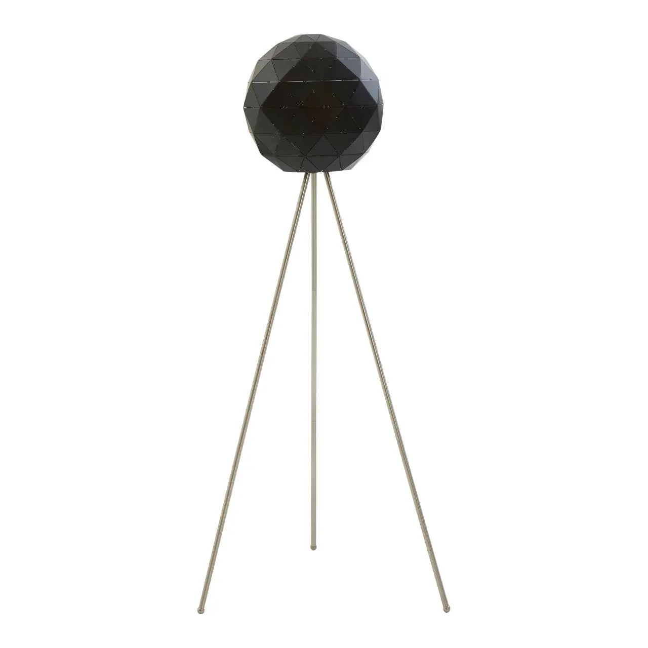 Black geometric floor lamp with tripod metal base on white background
