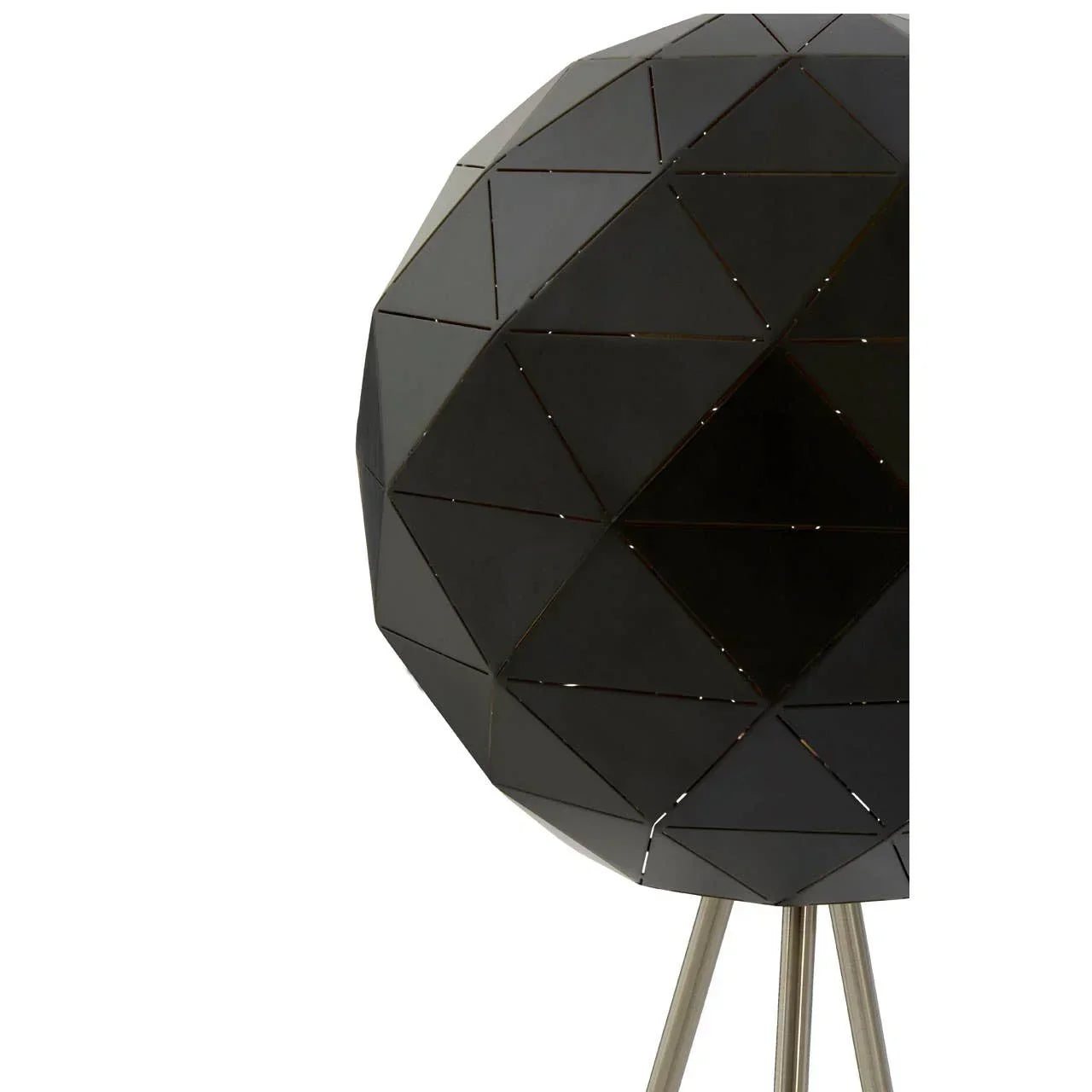 Geometric black metal floor lamp with tripod base, closeup of angular shade detail