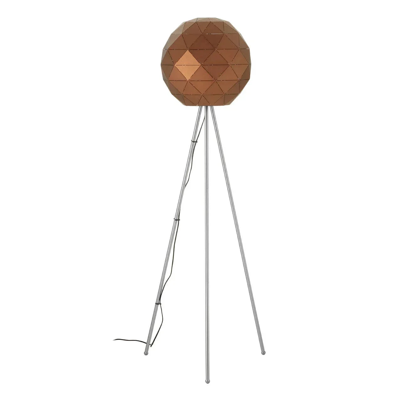 Copper geometric floor lamp with tripod chrome legs and black cord