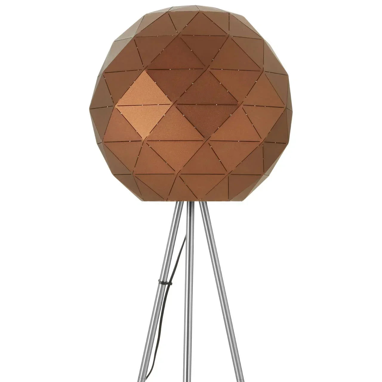 Geometric bronze floor lamp with spherical metal shade on tripod legs
