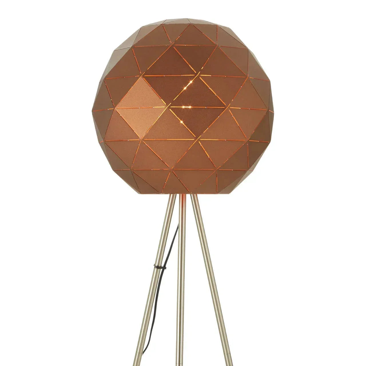 Copper geometric floor lamp with tripod metal legs and faceted shade design