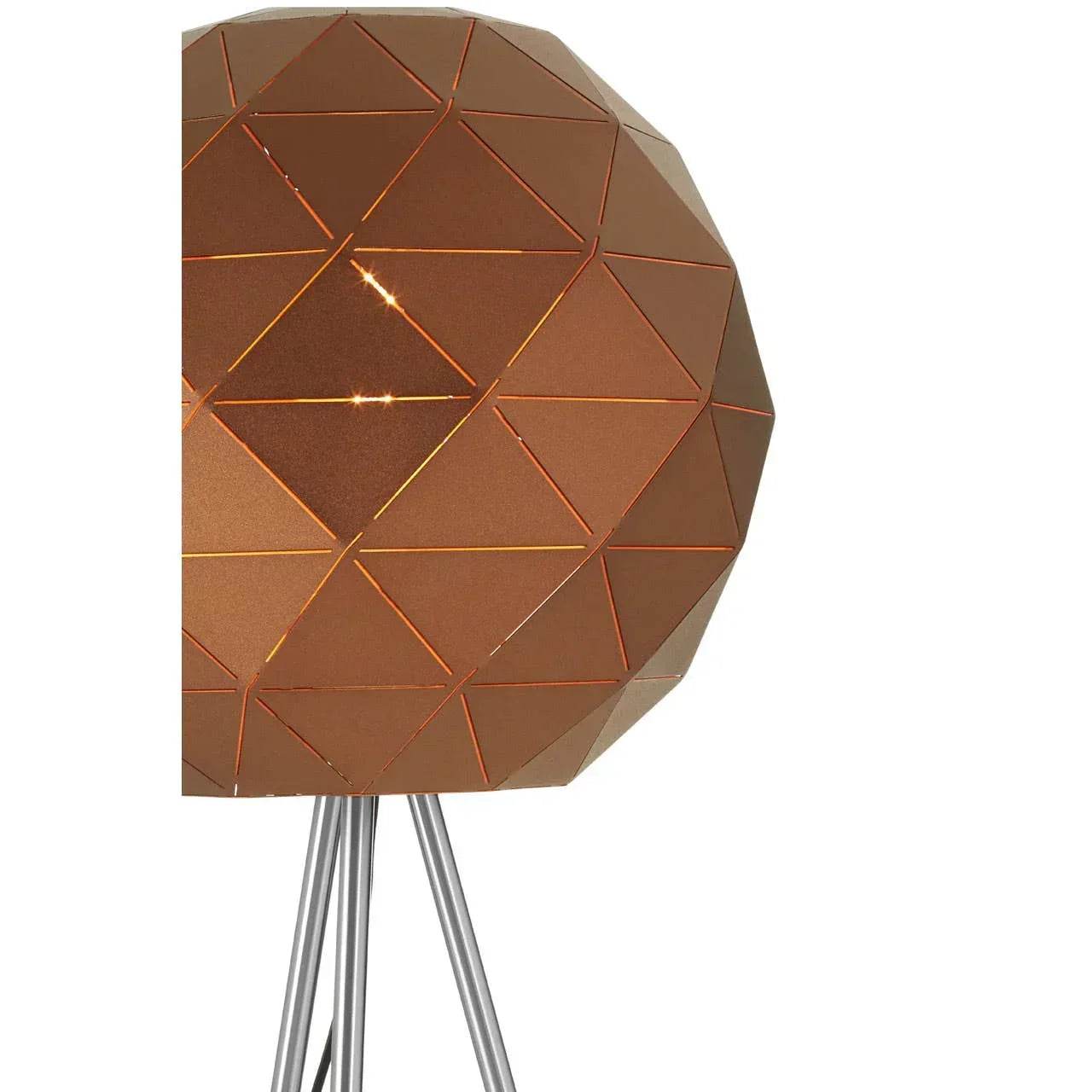 Copper geometric floor lamp shade with tripod legs and cutout pattern