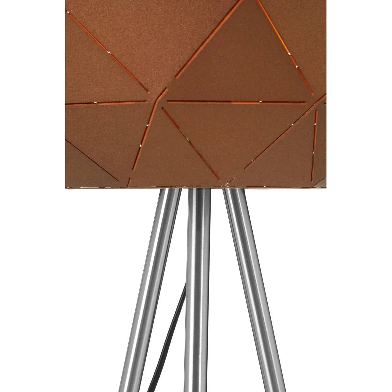 Copper metal tripod floor lamp with geometric pattern shade and silver legs