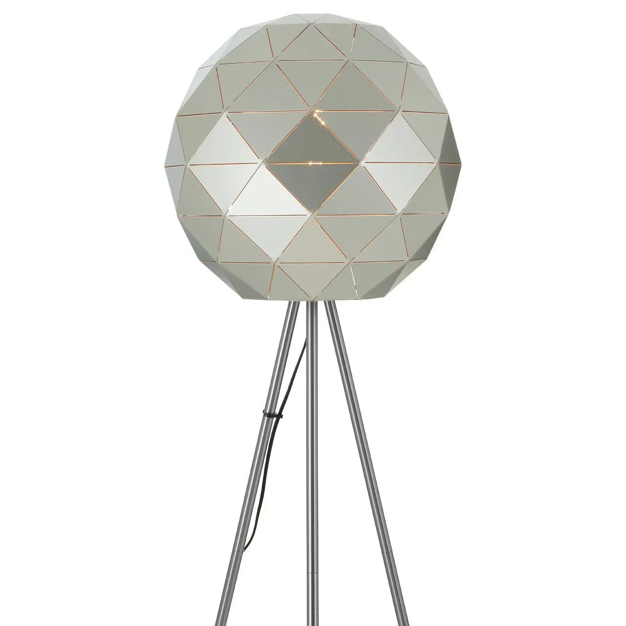 Geometric floor lamp with mirrored polygon shade on chrome tripod base